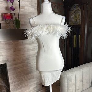 Elegant White Feather Trim Dress